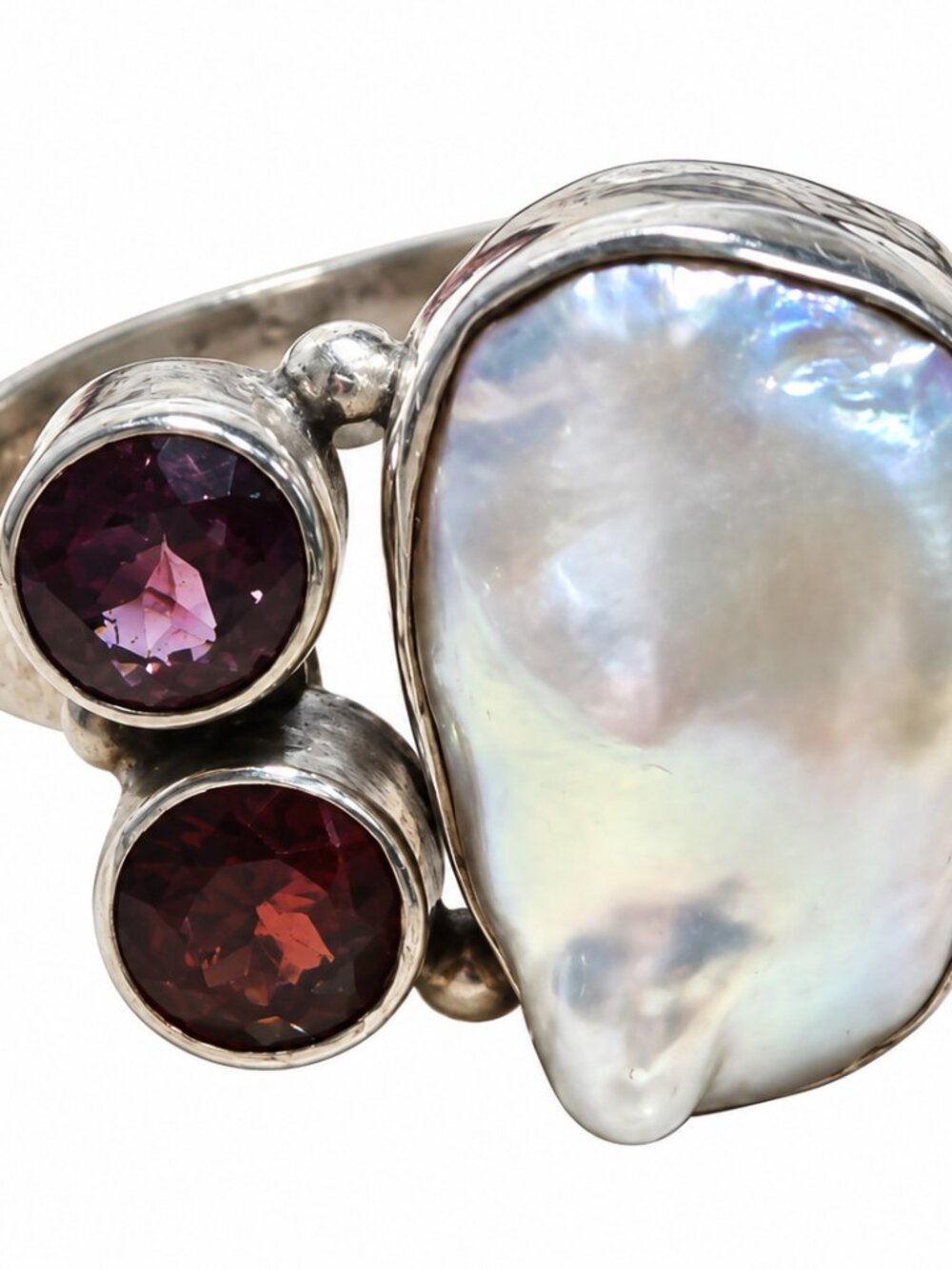 925 Sterling Silver Pearl Garnet Statement Ring Size 8